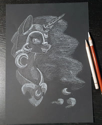 Size: 814x1000 | Tagged: safe, artist:maytee, nightmare moon, alicorn, pony, g4, black background, bust, pencil drawing, portrait, simple background, solo, traditional art, wip