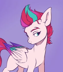 Size: 1400x1600 | Tagged: safe, artist:pikseruwu, zipp storm, pegasus, pony, g5, female, folded wings, gradient background, looking sideways, mare, simple background, solo, standing, three quarter view, turned head, wings