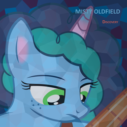 Size: 2000x2000 | Tagged: safe, artist:grapefruit-face, derpibooru exclusive, misty brightdawn, crystal pony, pony, unicorn, the crystal empire 10th anniversary, g4, g5, album cover, base used, freckles, g5 to g4, generation leap, guitar, high res, looking down, mike oldfield, musical instrument, ponified, ponified album cover, solo
