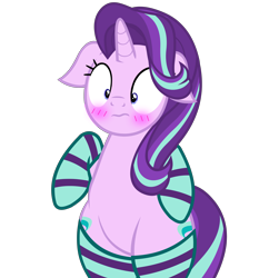 Size: 5044x5208 | Tagged: safe, alternate version, artist:mrvector, starlight glimmer, pony, unicorn, g4, bipedal, blushing, both cutie marks, chubby, clothes, cute, female, floppy ears, frown, glimmerbetes, mare, raised leg, simple background, socks, solo, striped socks, transparent background, wide hips