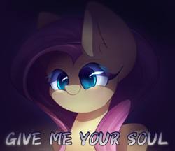 Size: 2600x2250 | Tagged: safe, artist:miryelis, fluttershy, pegasus, pony, big ears, bust, glowing, glowing eyes, looking at you, meme, shadow, smiling, smiling at you, solo, text