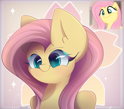 Size: 2600x2300 | Tagged: safe, artist:miryelis, fluttershy, pegasus, pony, g4, big ears, bust, cute, female, high res, looking at you, mare, screencap reference, simple background, smiling, smiling at you, solo, three quarter view