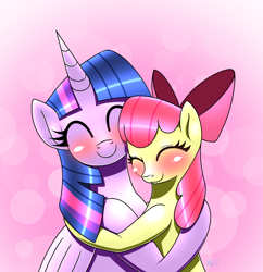 Size: 1520x1571 | Tagged: safe, artist:questionmarkdragon, apple bloom, twilight sparkle, alicorn, earth pony, pony, g4, blushing, eyes closed, female, filly, foal, hug, mare, smiling, twilight sparkle (alicorn)