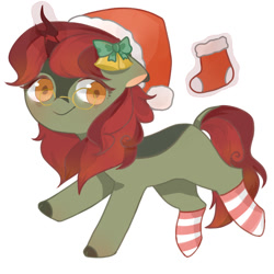 Size: 1080x1080 | Tagged: safe, artist:浙江, oc, oc only, oc:pine pyre, kirin, bow, christmas, christmas stocking, clothes, hair bow, hat, holiday, kirin oc, santa hat, simple background, socks, solo, striped socks, white background