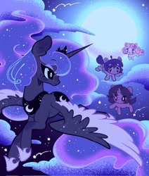 Size: 1740x2048 | Tagged: safe, artist:bunbunbewwii, princess luna, oc, alicorn, earth pony, pegasus, pony, unicorn, children of the night, g4, cloud, ethereal mane, female, filly, flying, foal, levitation, magic, moon, night, stars, telekinesis