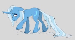 Size: 1462x793 | Tagged: safe, artist:woollyart, trixie, pony, unicorn, g4, butt, curved horn, female, floppy ears, horn, looking back, mare, plot, sad, solo, the great and powerful ass, the sad and depressive trixie, wet, wet mane