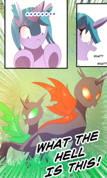Size: 2480x4100 | Tagged: safe, artist:lucielity, oc, oc:rumstone, oc:saphire, oc:shift changeling, changeling, pony, unicorn, comic:my crush is a pony?, comic, female, forest, freakout, green changeling, horn, mare, orange changeling, red changeling, unicorn oc