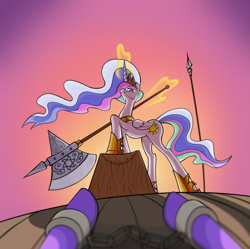 Size: 1981x1973 | Tagged: safe, anonymous artist, princess celestia, alicorn, pony, g4, axe, chopping block, criminal, crown, execution, female, glowing, glowing horn, horn, imminent death, imminent decapitation, jewelry, levitation, magic, melee weapon, offscreen character, pike, pov, regalia, shackles, telekinesis, unknown pony, weapon
