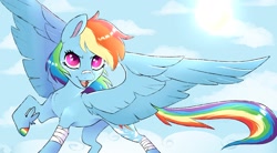 Size: 1950x1080 | Tagged: safe, artist:woollyart, rainbow dash, pegasus, pony, g4, bandage, bandaid, bandaid on nose, colored hooves, open mouth, open smile, smiling, solo, spread wings, winged hooves, wings