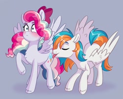 Size: 1347x1085 | Tagged: safe, artist:skysorbett, oc, oc:sky sorbet, oc:twister joy, pegasus, pony, blushing, bow, butt licking, couple, cutie mark licking, hair bow, licking, multicolored hair, pegasus oc, tongue out, two toned mane