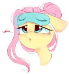Size: 1002x1070 | Tagged: safe, artist:melodylibris, fluttershy, pegasus, pony, g4, alternate hairstyle, bed mane, bust, cute, female, floppy ears, lidded eyes, mare, open mouth, shyabetes, simple background, sleep mask, sleepy, solo, three quarter view, tired, white background