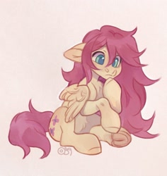 Size: 1513x1600 | Tagged: safe, artist:art_bird_owl, fluttershy, pegasus, pony, g4, alternate hairstyle, beige background, belly fluff, chest fluff, concerned, cute, female, floppy ears, frog (hoof), hoofbutt, mare, pink background, raised hoof, shyabetes, simple background, sitting, solo, thinking, underhoof, wings