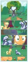 Size: 1919x4225 | Tagged: safe, artist:estories, applejack, oc, oc:silverlay, earth pony, original species, pony, umbra pony, unicorn, comic:a(pple)ffection, g4, apple, apple tree, applejack's hat, canon x oc, comic, cowboy hat, duo, eyes closed, female, freckles, hat, intertwined trees, lesbian, mare, marriage proposal, open mouth, pear tree, rock, shipping, silverjack, tree, vector