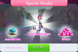 Size: 1271x861 | Tagged: safe, gameloft, idw, pellagica, merpony, g4, my little pony: magic princess, azure mermare, bundle, bush, costs real money, english, female, gem, idw showified, jewelry, mushroom, necklace, numbers, sale, solo, text, water, waterfall