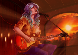 Size: 3200x2250 | Tagged: safe, artist:hilloty, princess celestia, human, g4, electric guitar, evening, female, guitar, high res, humanized, les paul, microphone, musical instrument, solo, sun