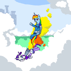 Size: 894x894 | Tagged: safe, artist:funkelpone, rainbow dash, rarity, alicorn, pony, g4, alicornified, blushing, butt, clothes, jetpack, leotard, plot, race swap, rainbowcorn, raricorn, sky, sky background