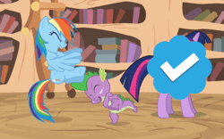 Size: 644x402 | Tagged: safe, edit, edited screencap, screencap, rainbow dash, spike, twilight sparkle, dragon, pegasus, pony, unicorn, g4, it's about time, animated, blue checkmark, butt, comments locked down, current events, female, flying, golden oaks library, laughing, loop, male, mare, meta, standing, standing on one leg, trio, twitter, unicorn twilight