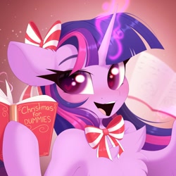 Size: 1940x1940 | Tagged: safe, artist:kebchach, twilight sparkle, pony, unicorn, :d, book, chest fluff, christmas, cute, glowing, glowing horn, heart, heart eyes, holiday, horn, human shoulders, magic, open mouth, open smile, smiling, solo, telekinesis, twiabetes, unicorn twilight, wingding eyes