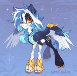 Size: 1280x1267 | Tagged: safe, artist:sweet julien, oc, pegasus, pony, chibi, looking at you, one eye closed, one eye open, pegasus oc, smiling, solo, spread wings, stars, wings