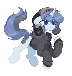 Size: 1104x1168 | Tagged: safe, artist:flixanoa, oc, oc only, oc:fef, pony, unicorn, animated, blinking, clothes, cool s, eye clipping through hair, floating, gif, simple background, solo, transparent background, winter outfit