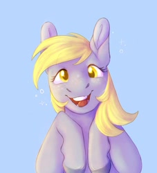 Size: 1080x1187 | Tagged: safe, artist:abbytabbys, derpy hooves, earth pony, pony, g4, blue background, happy, simple background, solo