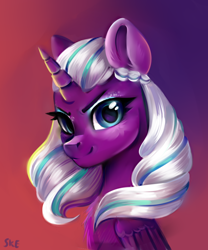 Size: 642x770 | Tagged: safe, artist:ske, opaline arcana, alicorn, pony, g5, my little pony: make your mark, spoiler:g5, antagonist, bust, chest fluff, cute, female, folded wings, gradient background, looking at you, mare, opalinebetes, smiling, solo, three quarter view, villainess, wings