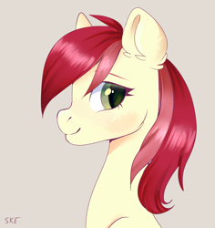 Size: 2720x2882 | Tagged: safe, artist:ske, roseluck, earth pony, pony, g4, bust, ear fluff, female, flower, high res, looking at you, mare, profile, rose, side view, simple background, smiling, smiling at you, solo