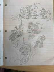 Size: 1536x2048 | Tagged: safe, artist:fennexenev, king sombra, nightmare moon, princess celestia, princess luna, queen chrysalis, alicorn, changeling, changeling queen, pegasus, pony, unicorn, g4, cup, female, lined paper, majestic as fuck, male, mare, monochrome, mouth hold, pencil drawing, pride flag, royal sisters, siblings, silly, sisters, stallion, tea party, teacup, tongue out, traditional art