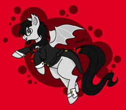 Size: 1280x1128 | Tagged: safe, artist:razzy, oc, oc only, bat pony, pony, abstract background, bat pony oc, bow, cuffs (clothes), male, signature, smiling, solo, stallion, tail, tail bow