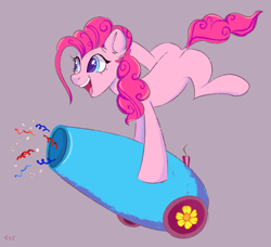 Size: 2850x2600 | Tagged: safe, artist:ske, pinkie pie, earth pony, pony, g4, cannon, confetti, cute, diapinkes, female, high res, mare, party cannon, purple background, simple background, solo