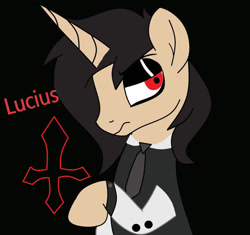 Size: 921x867 | Tagged: safe, artist:nidyafallen, pony, unicorn, black background, bust, horn, lucius, lucius wagner, makeup, necktie, ponified, simple background, solo, unicorn oc