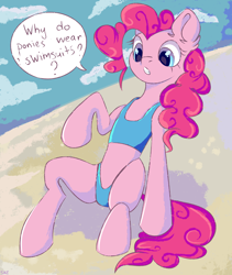 Size: 2520x2990 | Tagged: safe, artist:ske, pinkie pie, earth pony, pony, beach, clothes, solo, speech bubble, swimsuit