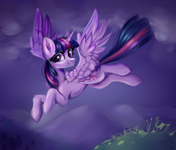 Size: 2700x2300 | Tagged: safe, artist:jsunlight, artist:ske, twilight sparkle, alicorn, pony, g4, collaboration, female, flying, grass, high res, leg fluff, mare, signature, slender, solo, spread wings, thin, twilight sparkle (alicorn), wing fluff, wings