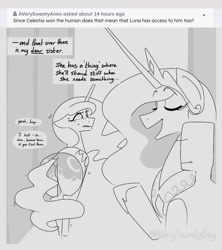 Size: 1000x1125 | Tagged: safe, artist:averysweatyboy, princess celestia, princess luna, oc, oc:anon, alicorn, human, pony, ask, butt, crown, dialogue, featureless crotch, female, grayscale, implied anus, implied labia, jewelry, mare, monochrome, moonbutt, nudity, open mouth, open smile, peytral, plot, regalia, royal sisters, siblings, sisters, smiling, sweat