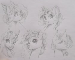 Size: 1080x862 | Tagged: safe, artist:ske, oc, oc only, oc:melody (melodylibris), bat pony, earth pony, kirin, pegasus, pony, unicorn, bust, sketch, smiling, traditional art