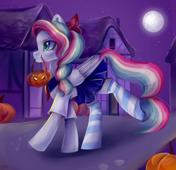 Size: 3100x2990 | Tagged: safe, artist:ske, oc, oc only, oc:sky sorbet, pegasus, pony, clothes, halloween, high res, holiday, moon, pumpkin bucket, socks, solo, striped socks