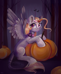 Size: 2400x2904 | Tagged: safe, artist:ske, oc, oc only, bat, pegasus, pony, collar, halloween, high res, holiday, pumpkin, solo, tree