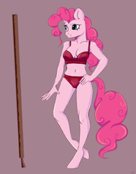 Size: 3490x4460 | Tagged: safe, artist:ske, pinkie pie, earth pony, anthro, unguligrade anthro, belly button, bra, clothes, female, panties, red panties, solo, underwear