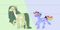 Size: 3000x1500 | Tagged: safe, artist:su6ar-1c33, fluttershy, rainbow dash, earth pony, pegasus, pony, g4, alternate design, duo, earth pony fluttershy, female, green fluttershy, height difference, mare, race swap