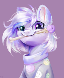 Size: 3000x3600 | Tagged: safe, artist:ske, oc, oc only, earth pony, pony, bone, clothes, ear piercing, earring, heterochromia, high res, jewelry, mouth hold, piercing, purple background, simple background, smiley face, solo