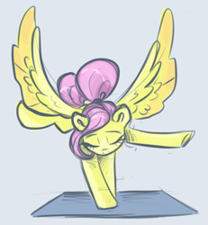 Size: 934x1013 | Tagged: safe, artist:smirk, fluttershy, pegasus, pony, g4, colored sketch, eyes closed, ponytail, solo, spread wings, wings, yoga, yoga mat