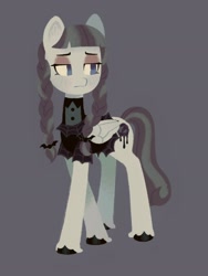 Size: 1536x2048 | Tagged: safe, artist:vanillavache, inky rose, pegasus, pony, g4, braid, clothes, female, folded wings, goth, gray background, mare, simple background, solo, unshorn fetlocks, wings
