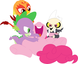 Size: 3552x2905 | Tagged: safe, artist:porygon2z, pinkie pie, spike, oc, oc:heatwave, dragon, earth pony, griffon, pony, titan, g4, broken horn, chickub, collar, crossover, group, high res, horn, king clawthorne, pet tag, porygon2z's trio, quartet, show accurate, simple background, skull, the owl house, tickling, transparent background