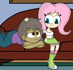 Size: 1505x1436 | Tagged: safe, artist:haileykitty69, fluttershy, human, equestria girls, g4, boots, clothes, crossover, crossover shipping, denim, duo, female, fluttermour, human coloration, jeans, male, pants, seymour skinner, shipping, shirt, shoes, skirt, straight, the simpsons