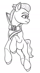 Size: 1030x1867 | Tagged: safe, artist:dancingkinfiend, sprout cloverleaf, earth pony, pony, g5, my little pony: a new generation, badge, belt, black and white, clothes, coat markings, emperor sprout, eyebrows down, frown, full body, grayscale, hooves, in air, jumping, lineart, male, monochrome, raised hoof, serious, serious face, simple background, socks (coat markings), solo, stallion, stern, tail, wavy hair, wavy mane, wavy tail