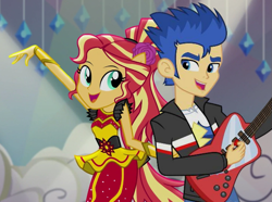Size: 965x717 | Tagged: safe, edit, edited screencap, screencap, vector edit, flash sentry, sunset shimmer, human, dance magic, equestria girls, equestria girls specials, g4, alternate hairstyle, clothes, dancing, dash for the crown, dress, equestria girls prototype, female, flamenco dress, flower, game, gibson firebird, guitar, male, musical instrument, ponied up, ship:flashimmer, shipping, straight, sunset shimmer flamenco dress, vector
