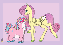 Size: 2039x1446 | Tagged: safe, artist:natt333, fluttershy, pinkie pie, earth pony, pegasus, pony, g4, behaving like a cat, butt, chubby, duo, female, height difference, hooves, mare, multicolored hair, multicolored mane, pale belly, physique difference, plot, redesign, short, slender, thin, unshorn fetlocks