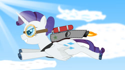 Size: 1192x670 | Tagged: safe, artist:dandylionpony, rarity, alicorn, pony, g4, alicornified, cloud, flying, goggles, grin, hair bun, jetpack, race swap, raricorn, sky, sky background, smiling