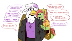 Size: 1360x786 | Tagged: safe, artist:redxbacon, gilda, tree hugger, earth pony, griffon, anthro, g4, biker jacket, clothes, dialogue, duo, female, jacket, jewelry, leather, leather jacket, lesbian, necklace, peace symbol, shipping, simple background, treegilda, white background