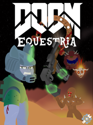 Size: 1860x2506 | Tagged: safe, artist:isaac_pony, oc, oc:shainer shrapnel shock, demon, imp, pony, unicorn, angry, armor, aura, blood, cacodemon, doom, doom equestria, doom guy, female, fire, gun, hell, logo, looking at you, lost soul, magic, old art, space, weapon